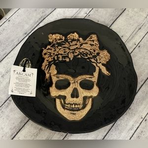 Hand Made Black Glass 8" Plate with Copper glitter skull